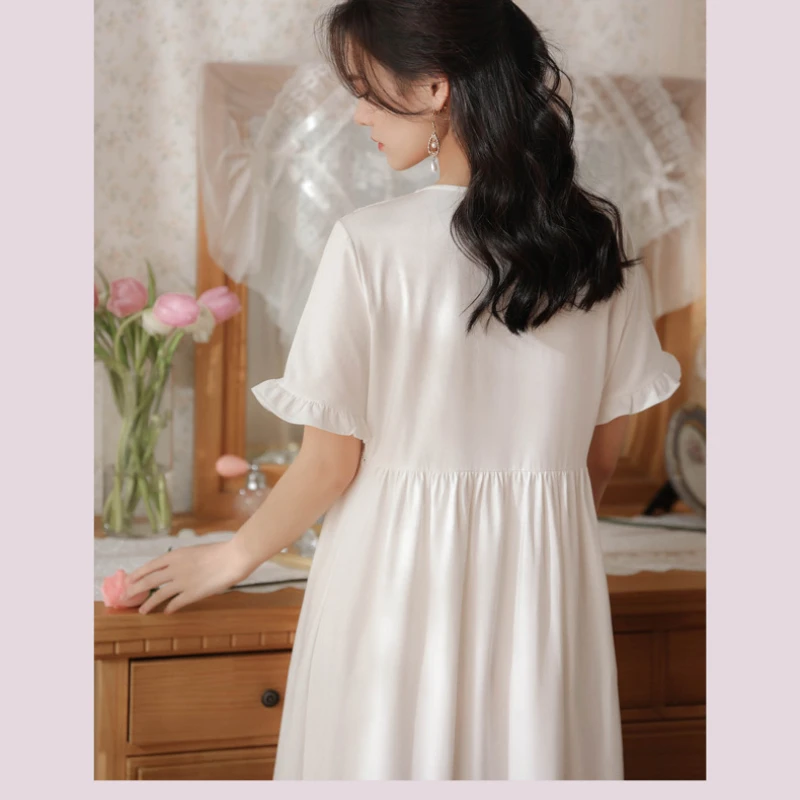 Sexy Lace Cutout Cotton Night Dress Women Summer Short Sleeve White Peignoir Victorian Vintage Nightgowns Princess Sleepwear