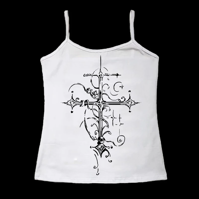 

Y2K retro women's T-shirt, Harajuku aesthetic white garbage art printed T-shirt, patterned long sleeved T-shirt, Gothic cross
