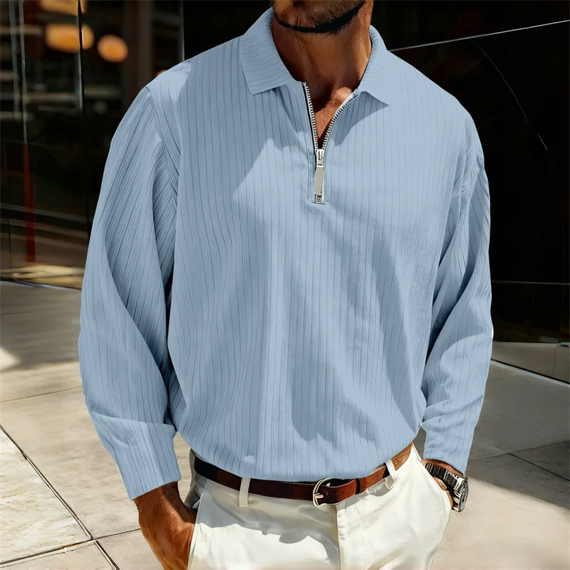 Men's Sweatshirt, Men's Polo Shirt, Solid Color Long-Sleeve Top, Men's Casual Loose Fit Zippered Polo T-shirt, Sizes S-3XL