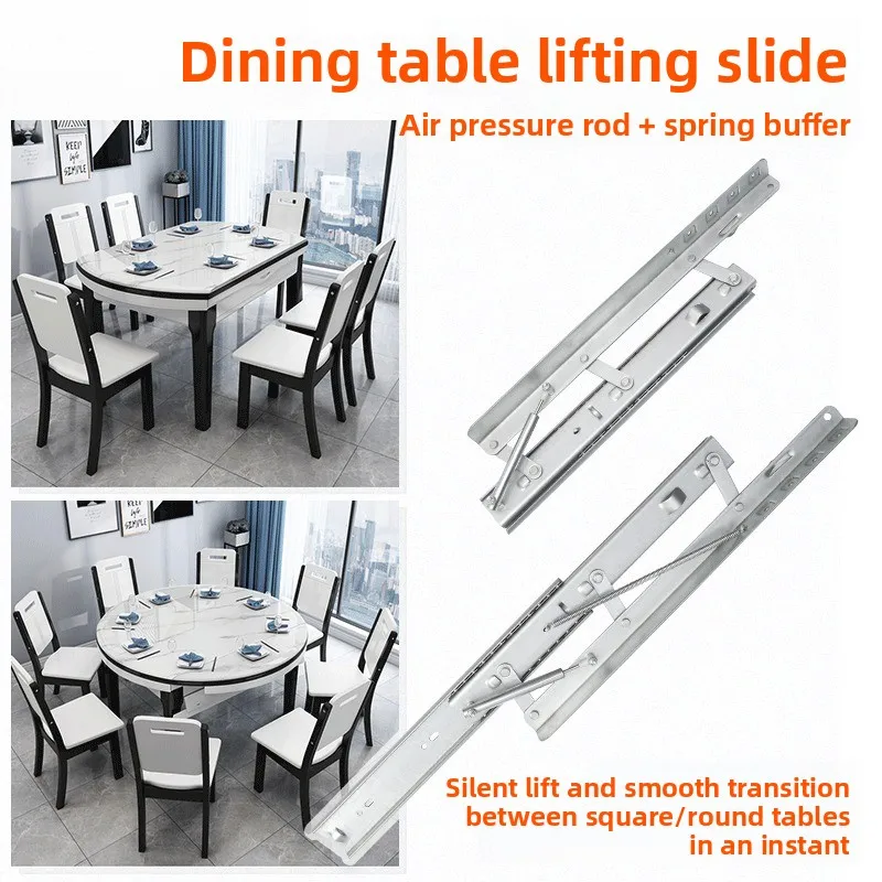 Table à manger télescopique à levage et glissière, transformable carrée en ronde, avec rail de guidage robuste et amortisseur silencieux