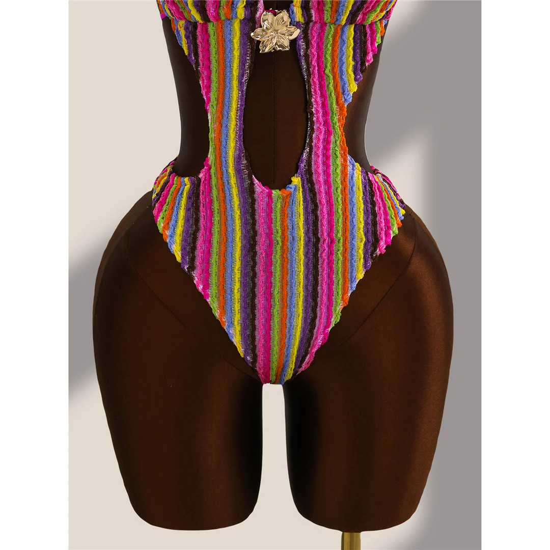 Gestreifter, farbenfroher, ausgeschnittener, einteiliger Badeanzug mit Neckholder für Damen, Monokini mit hohem Beinausschnitt, Badebekleidung, Badeanzug, Schwimmanzug V8304 – Detail 9