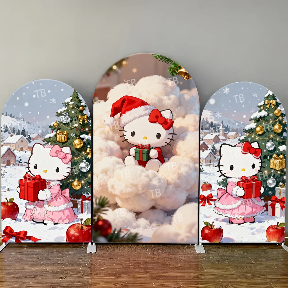 

Hello Kitty Christmas Arch Backdrop Cover Santa Hat Gift Snow Scene Holiday Girls Birthday Party Cute Cartoon Theme Photo Booth