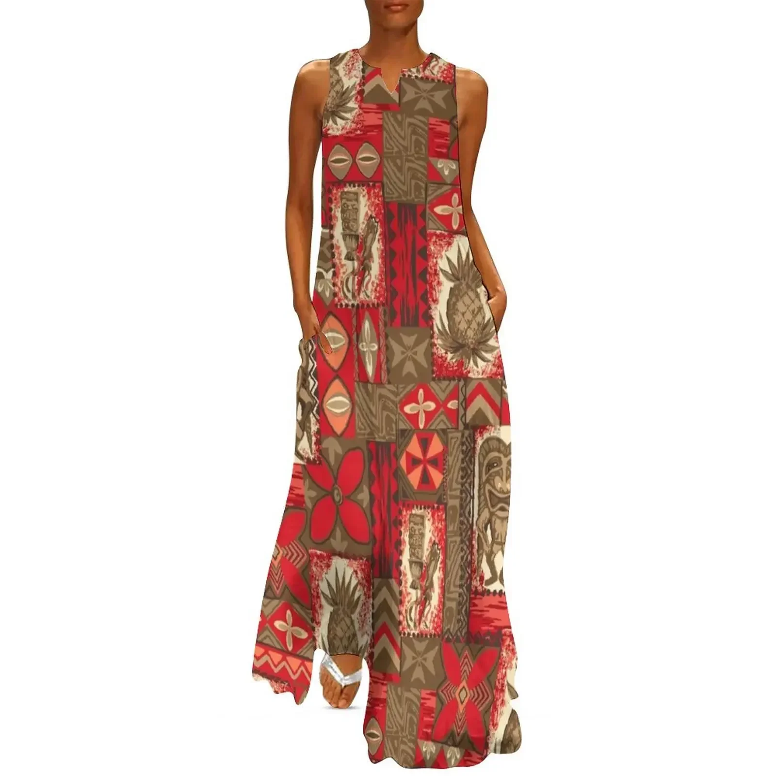

Pomaika’i Tiki Hawaiian Vintage Tapa - Red & Brown Long Dress dress for women dresses for woman women long dresses Dress