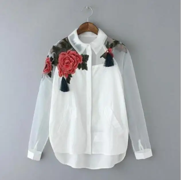 Blusa de manga larga con bordado de flores para mujer, camisa elegante de Organza, informal, talla grande, S-3XL