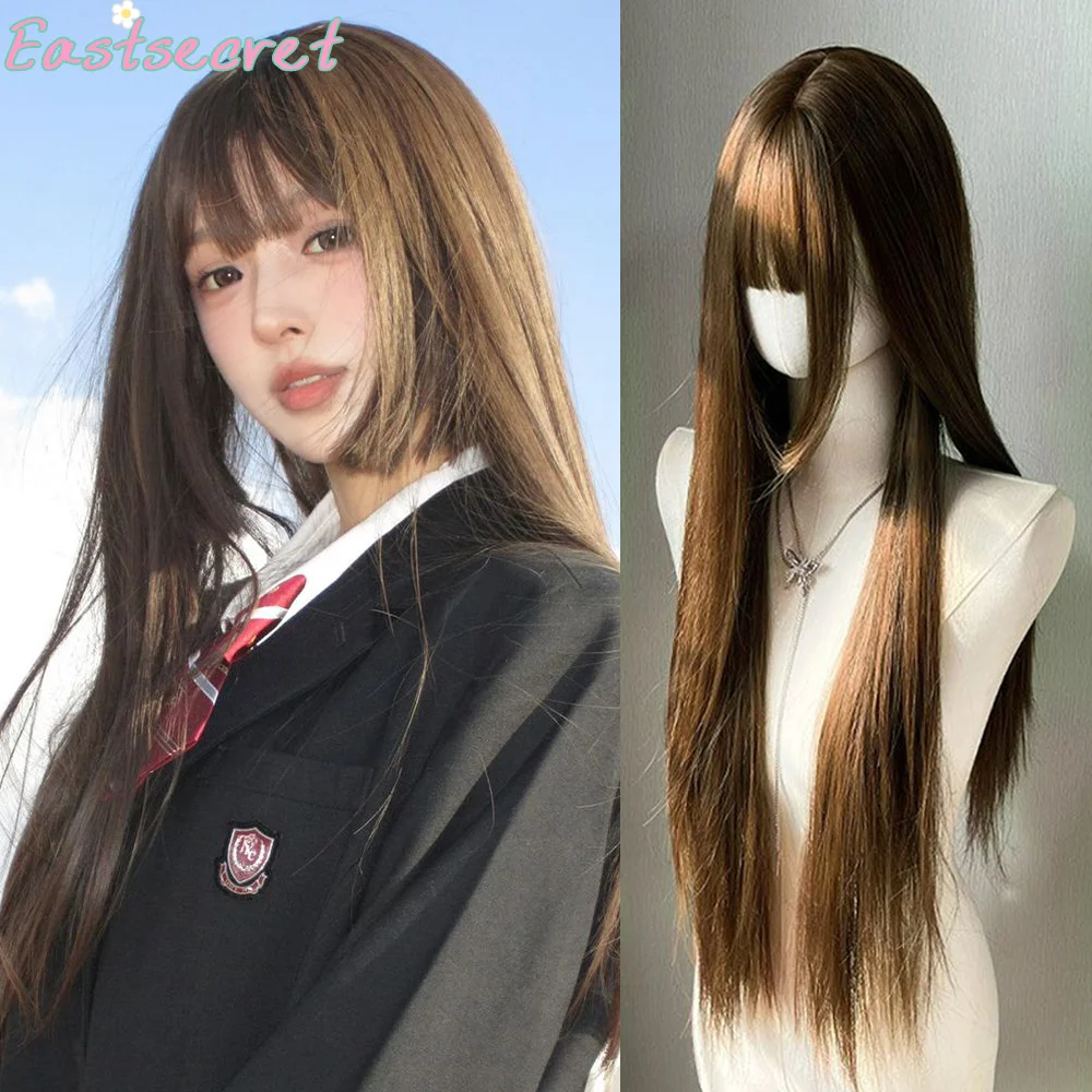 32 Inch Synthetic Linen and Honey Tea Wigs with Brush, Long Natural Smooth Hair Wig for Women, Cosplay Cut Heat Resistant Hime