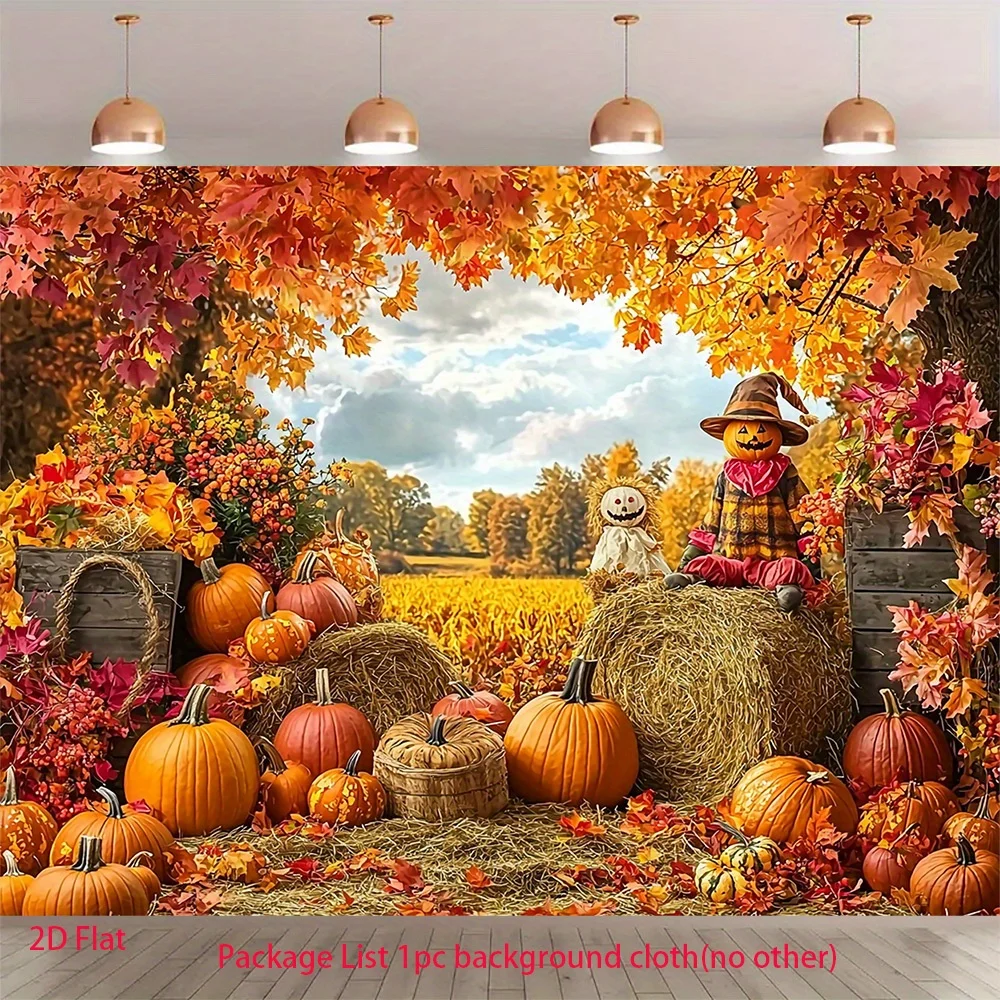 Autumn Harvest Background Pumpkin Scarecrow Straw Stack Maple Leaf Background Cloth Thanksgiving Party Home Tapestry