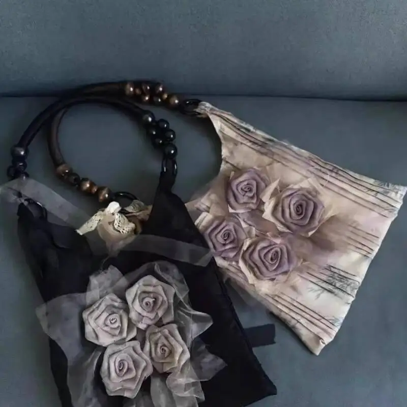 빈티지 우아한 패치워크 플로럴 숄더백 여성 패션 Y2K 감성 핸드백 한국 신상 요정 주름 언더암백 트렌디