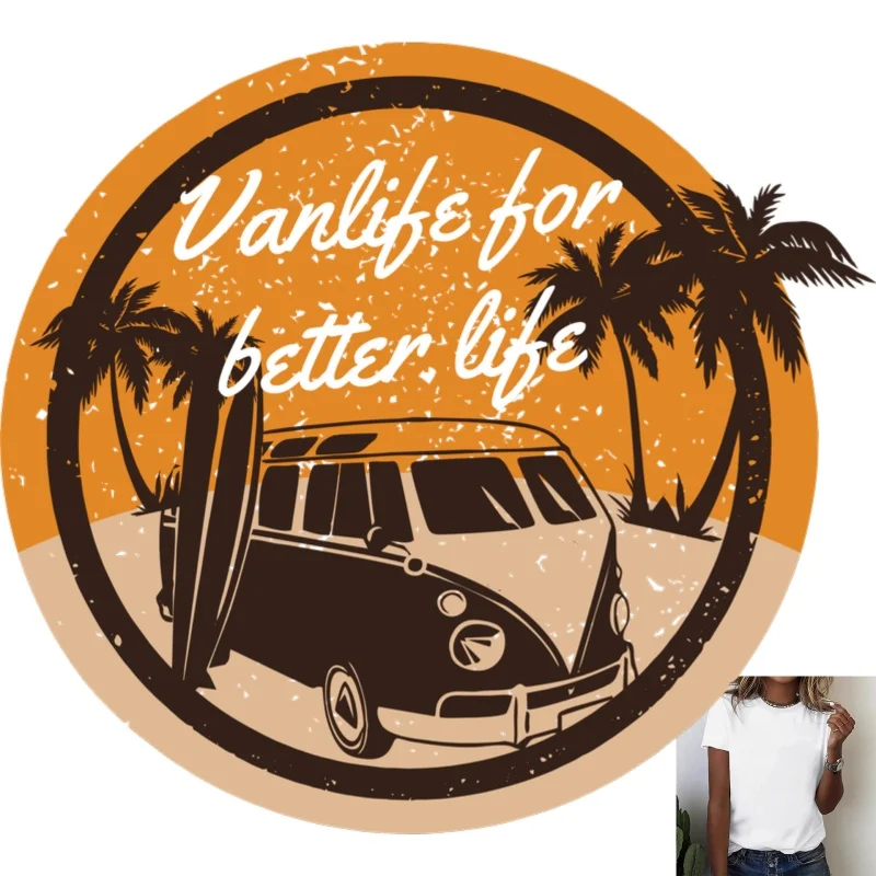 Vintage Van & Palm Tree Print Heat Transfer White Ink Iron - on Patch, Ideal for T - Shirts/Canvas Bags, Casual Vacation Style