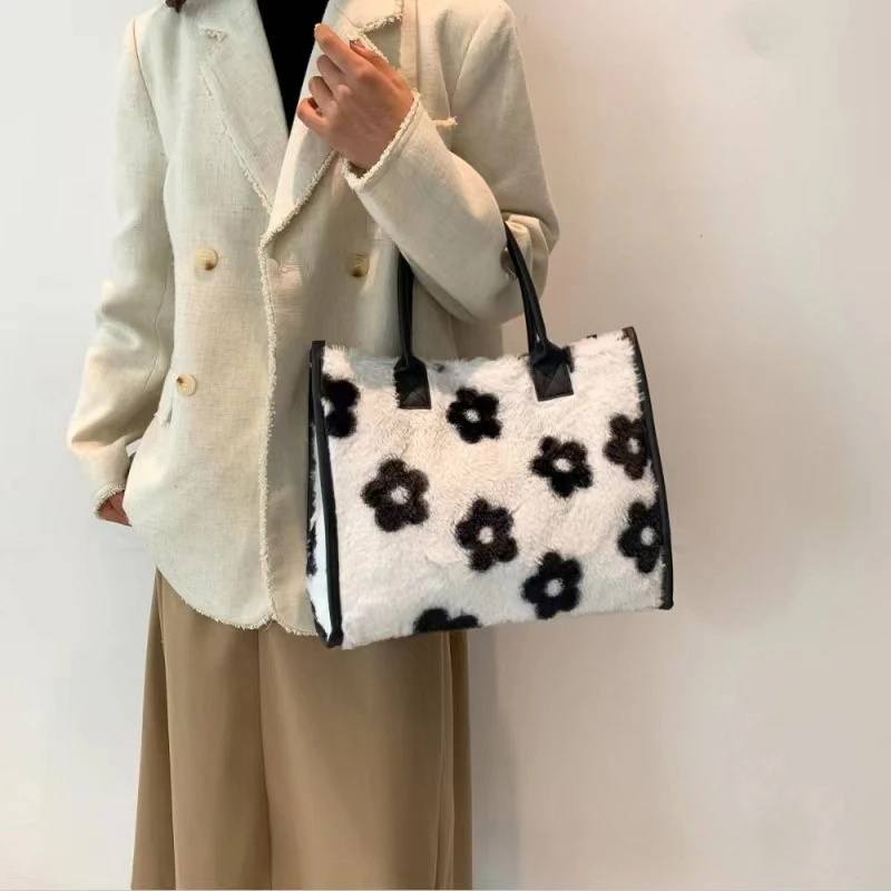 Women's Faux Fur Cow Print Designer Shopper Totes Soft Plush Female Shoulder Bags Winter Large Capacity Handbags and Purse image 5