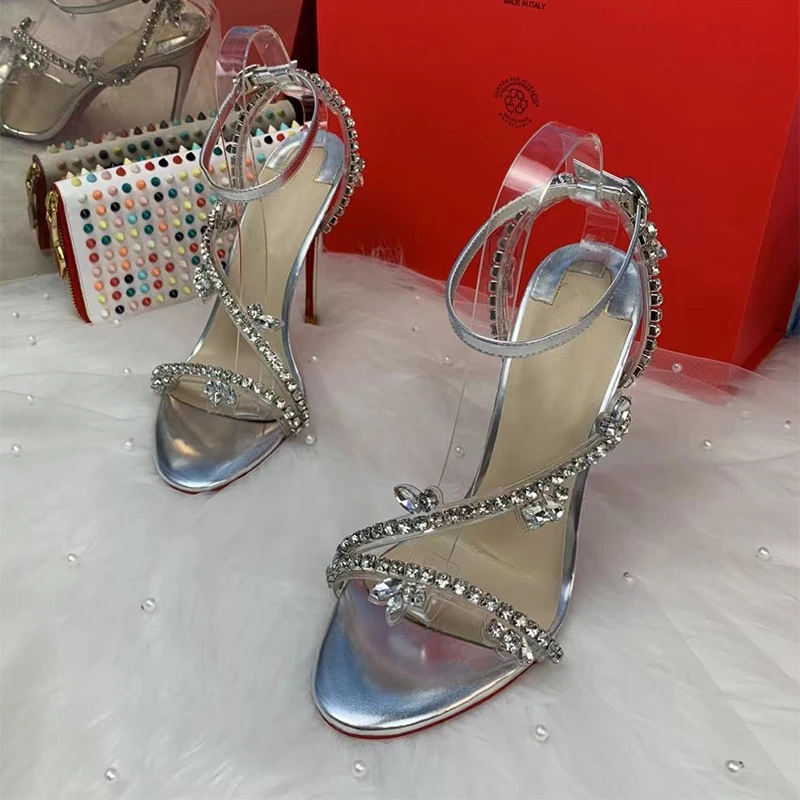 2023 New Sweet Crystal Chain Silver Color 12cm 10cm 8cm Thin High Heels Women Fashion Sandals Shoes