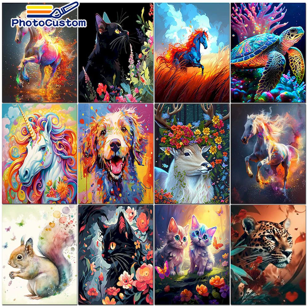 PhotoCustom Diy Paint By Numbers For Adult Supplies Colorful Cat Coloring By Number Animals Picture On Number For Home Decoratio