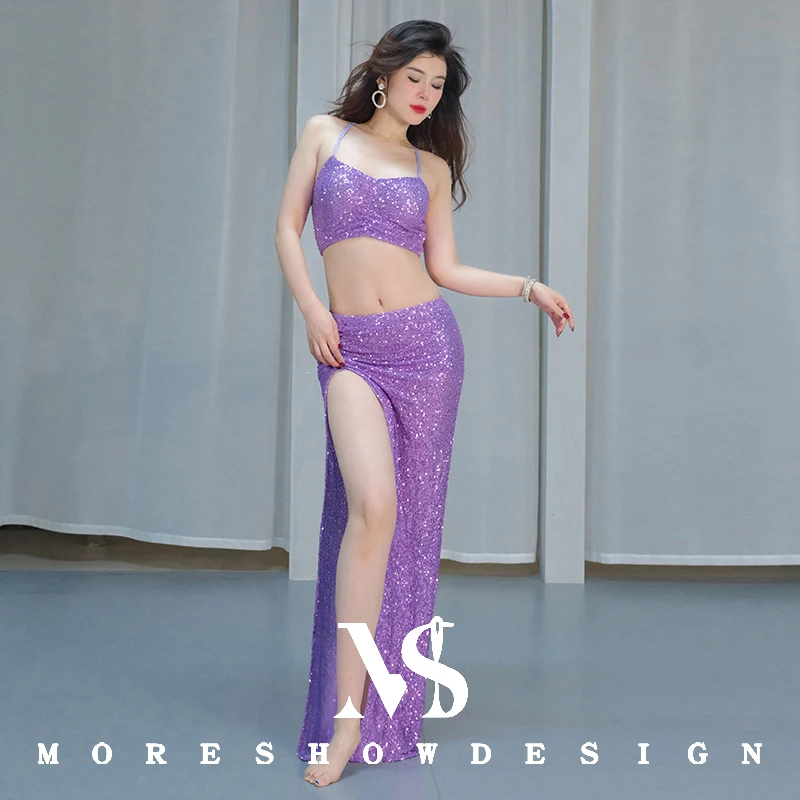 Buikdanskostuums Set voor Vrouwen Lotusblad Lint Danskleding Top + Rok Lange Mouw Outfits Stage Performance Kleding Pak