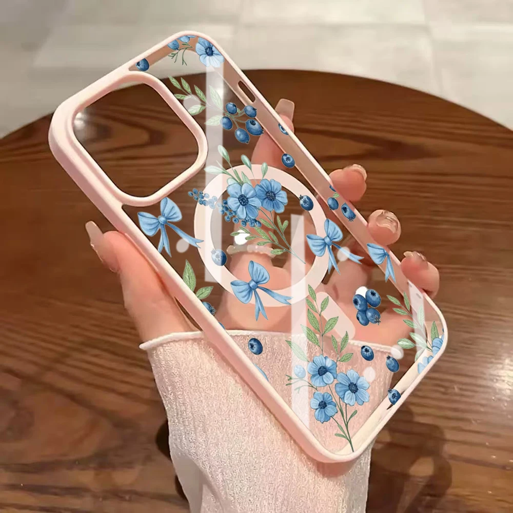 Blaubeer-Blumenmuster Transparente Hülle für iPhone 17 14 12 Pro Max 13 16 15 Plus 11 Hüllen für Magsafe Kabelloses Laden Stoßfeste Schutzhülle – Detail 17