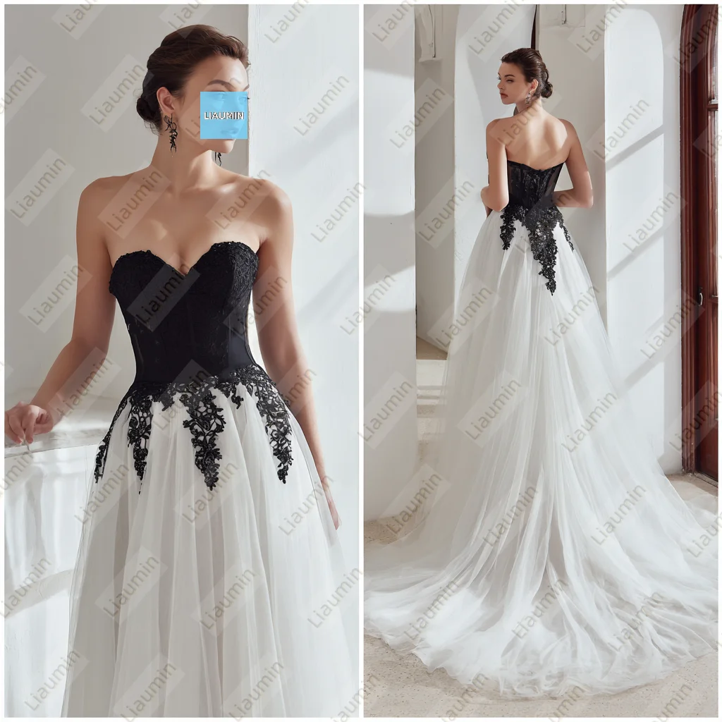 

Simple Style White Tulle Black Lace Applique Strapless Prom Formal Wedding Dresses Evening Lace Up Back Customized Made A7-1.5