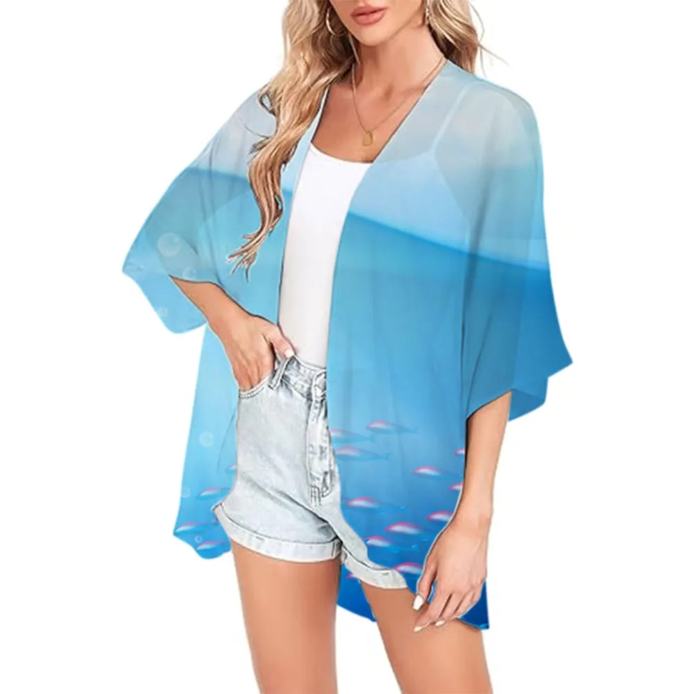 Underwater World Women's Chiffon Cover-ups Blue Printed Bikini Kimono Cardigan Tops T-Shirts Kimono Swimwear Beach Sundress Coat