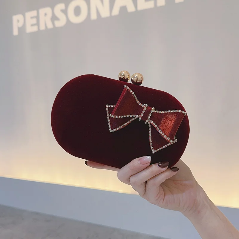 Party rhinestone bow women's bag goose egg velvet clutch bag retro light luxury dinner party handheld small bag women