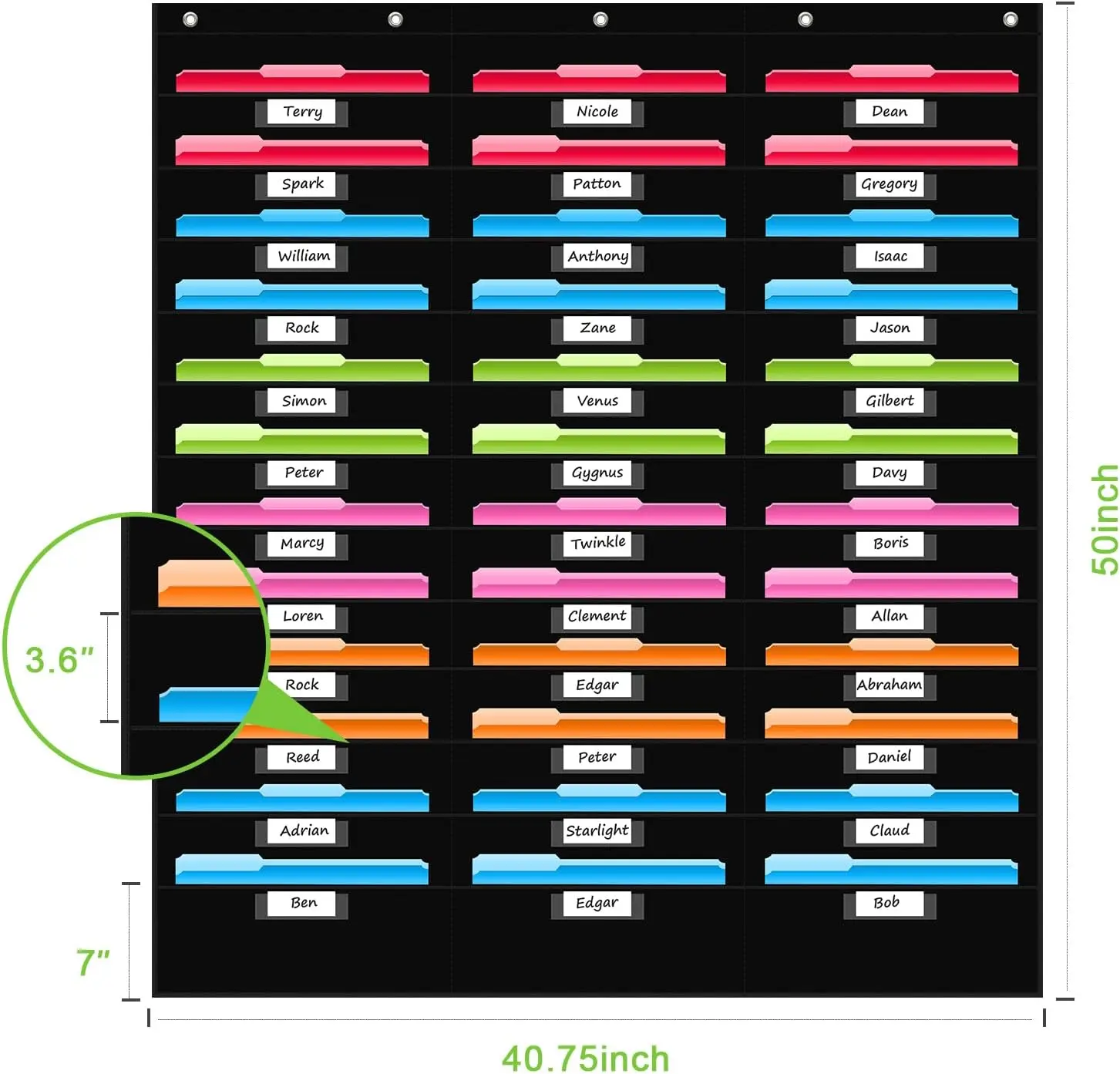 Grafico tascabile per archiviazione di file a 36 tasche con tasche per targhette, organizer per file da parete sospeso per aula e ufficio