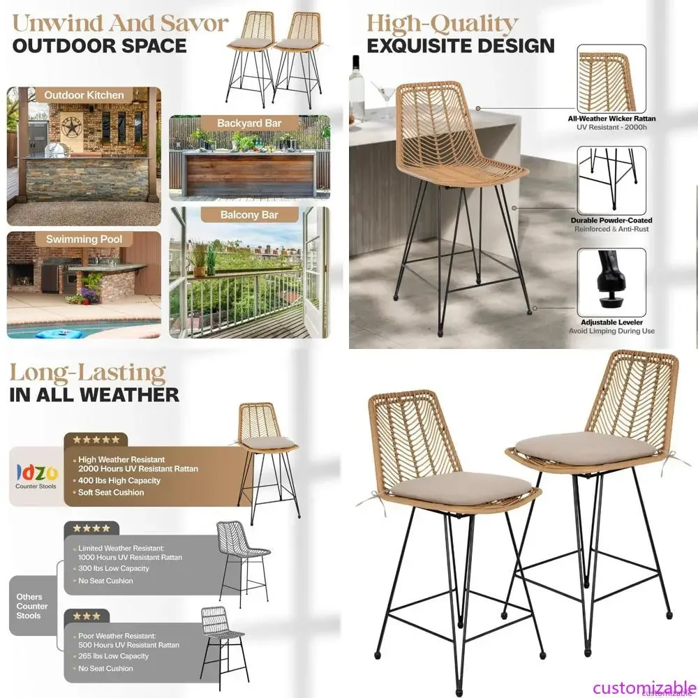 

Набор из 2 уличных табуретов из ротанга с грузоподъемностью 400 фунтов, высотой 24 дюйма, с удобными подушками, прочной стальной рамой, простой в сборке.