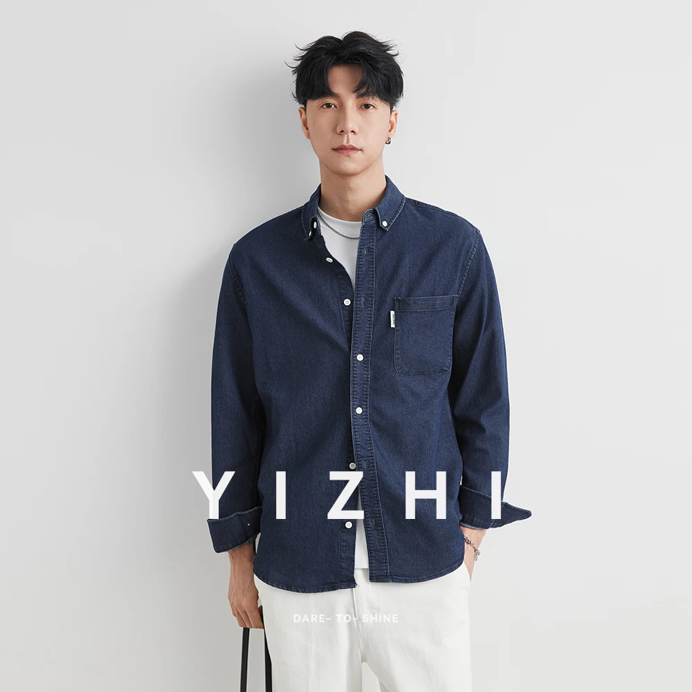 

Men's Clothes Cotton Denim Shirts Long Sleeve Blue Black Pockets Button Drop Shoulder Casual Cowboy Coat Loose Work Male Shirt