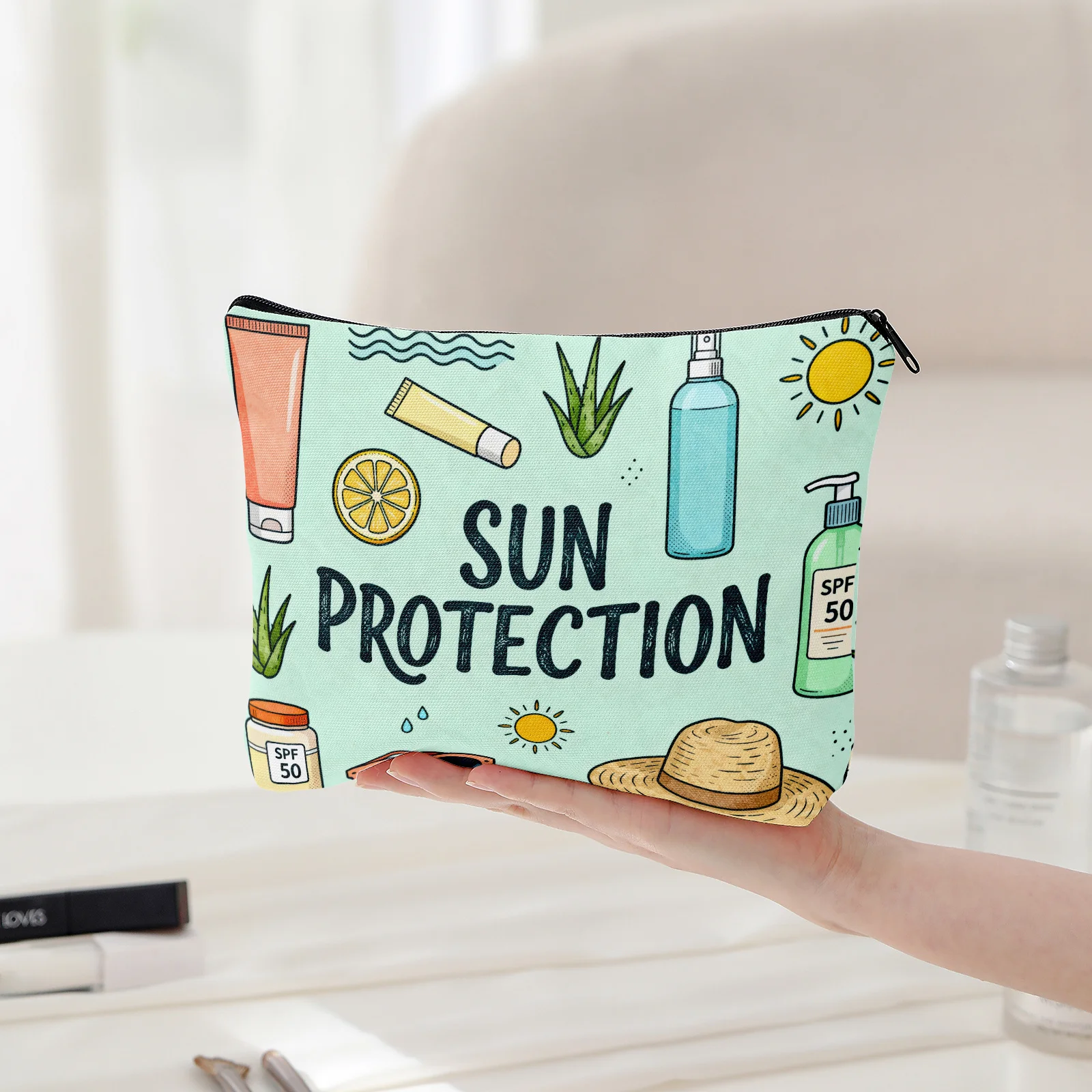 

"Sun Protection" Lined Storage Bag Double-Sided Printed Makeup Bag Travel Toiletry Bag with Lining Multi-Functional Organizer