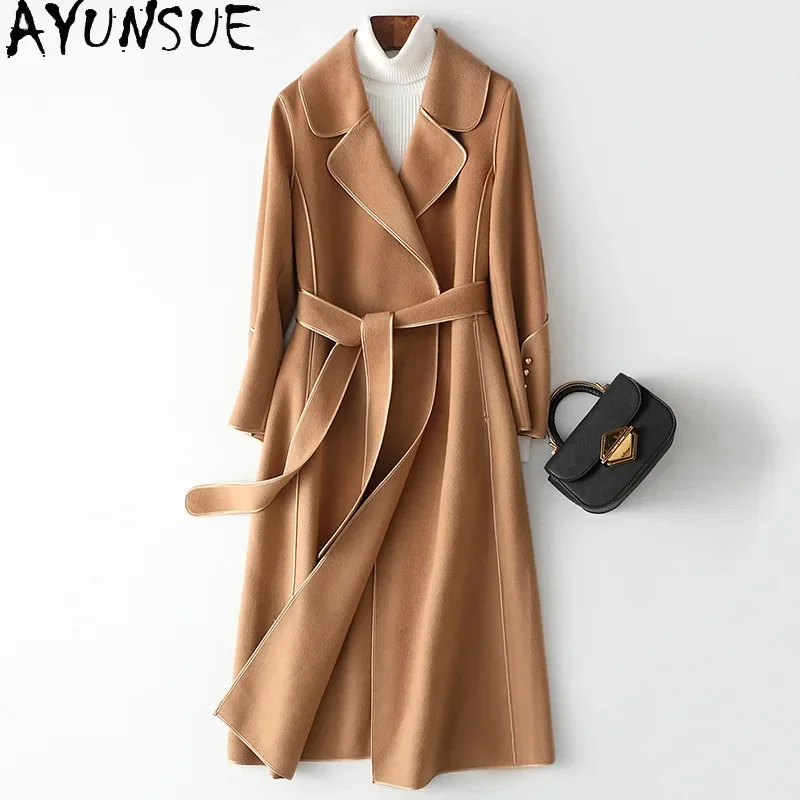 AYUNSUE 100% Real Wool Coat for Women 2024 High Quality Autumn Winter Clothes Old Money Style Long Coats Woman Пальто Женское