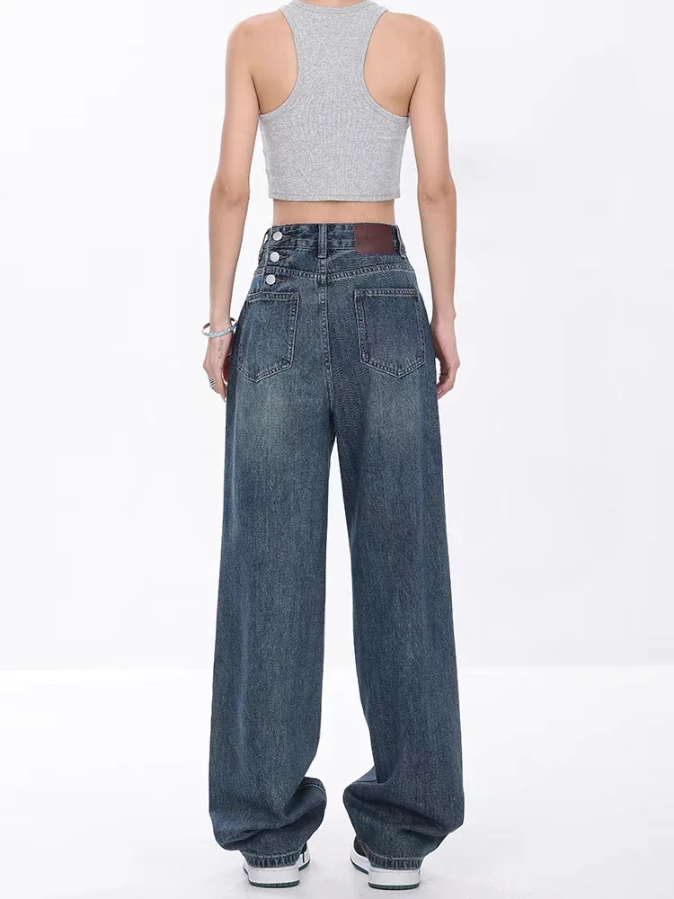 Blue Jeans Women 90s Vintage Personality High Waisted Straight Trouser Streetwear Casual Loose Girl Wide Leg Classic Denim Pants