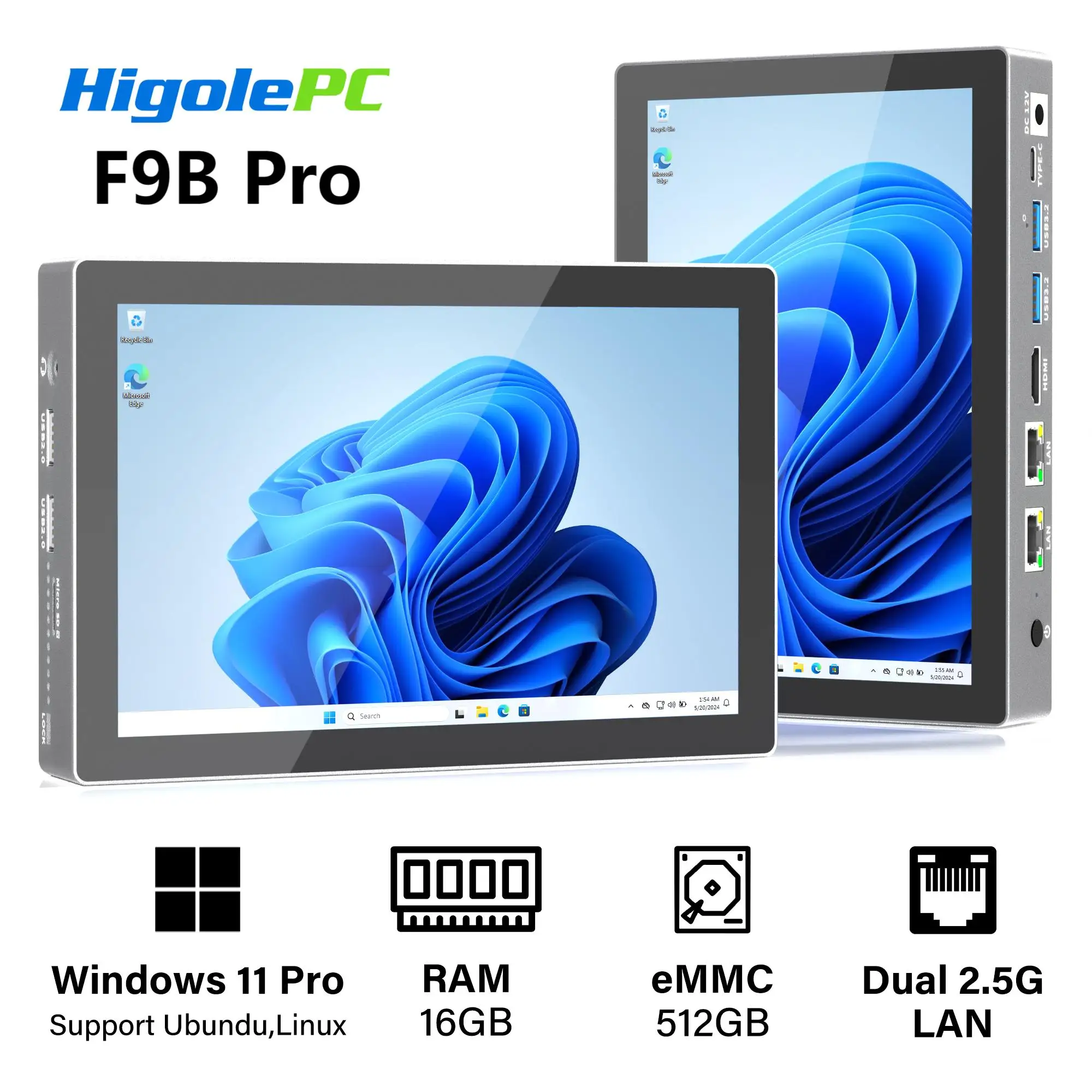 Higole F9B Pro PC Mini 7 "Intel N100, dengan layar Windows 11 WiFi5 16GB 512GB 5000mAh 4K NAS komputer Desktop Tablet Windows