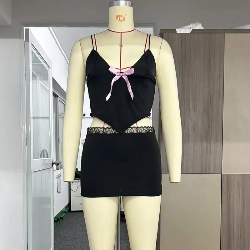 Retro Summer Spicy Girl Sexy Sling Top con bordo in pizzo Wrap Hip gonna a vita alta nero Y2K Party Club Set a due pezzi YDL51