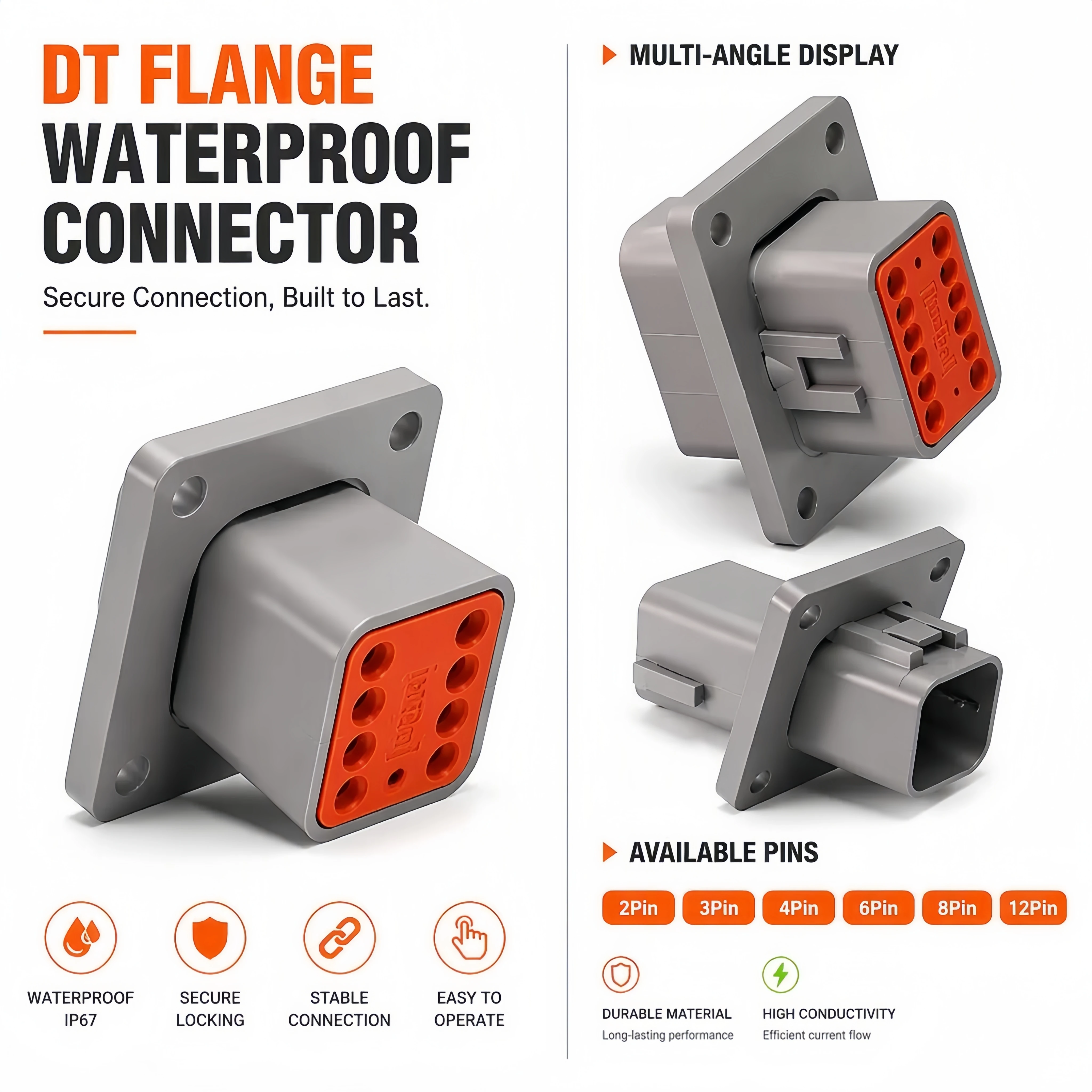 DT Series Flange Mount Connector Kit – 2/3/4/6/8/12 Pin Male & Female Waterproof Plug, 22-16 AWG for Truck Bus Wiring Harness