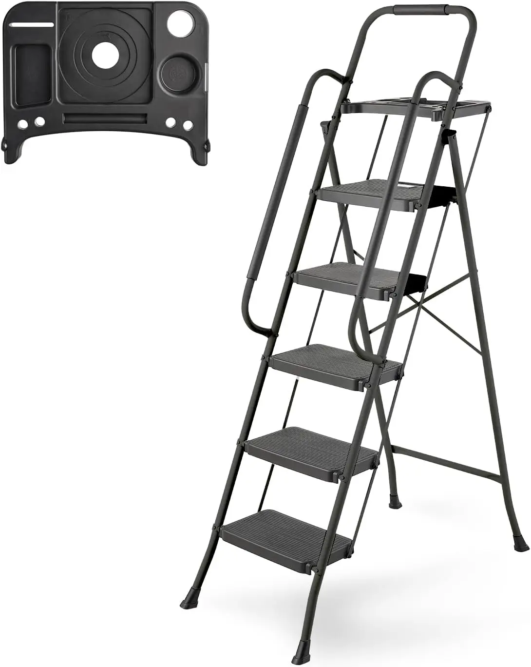 Ladder with Handrails, 330LBS Capacity, Folding Step Stool with Tool Platform, Anti-Slip Wide Pedal, Sturdy Steel Ladder