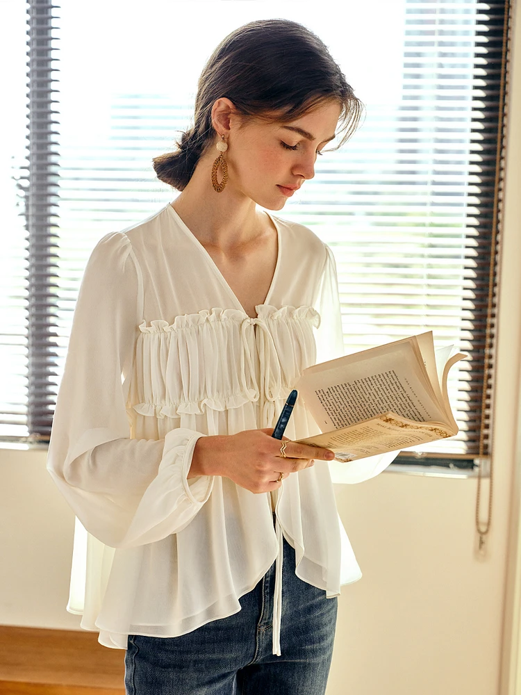 

OLrain Summer 2025 New Women Blouse V-neck Design Loose Lantern Sleeves Elegant Cardigan Fairy Chiffon Shirts E57CX96295