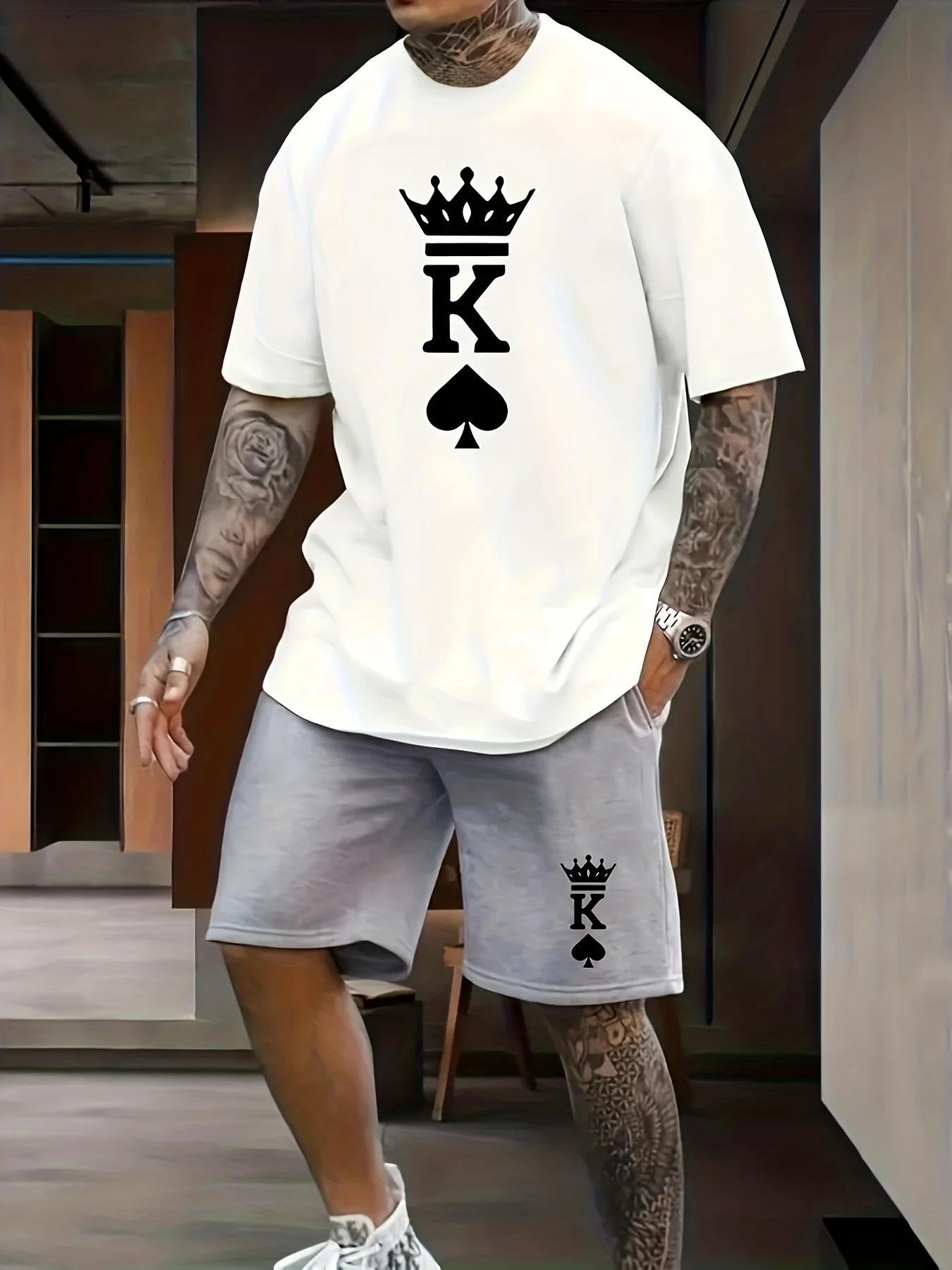 Men\'s Outfits Fashion King Crown Spades Print Loungewear Set