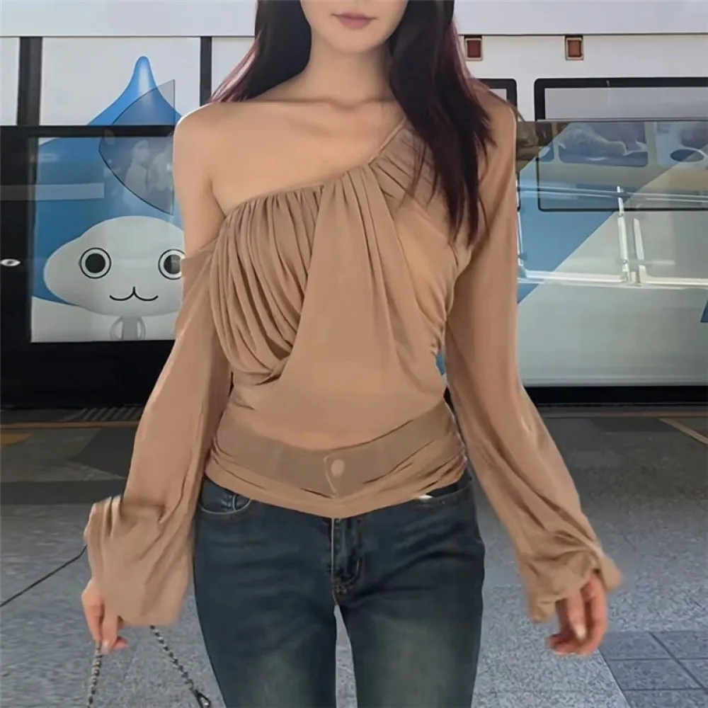 

SylCue Solid Skinny T-shirt Women Long Sleeve Irregular Patchwork Ruched Off Shoulders Casual Fashion Sweet Versatile Style Tops
