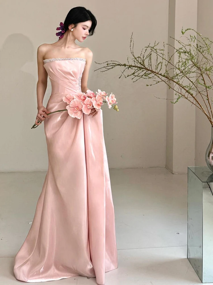 

Элегантное длинное розовое свадебное платье с бретелями для девичника и помолвки, приталенное платье с завышенной талией для взрослых