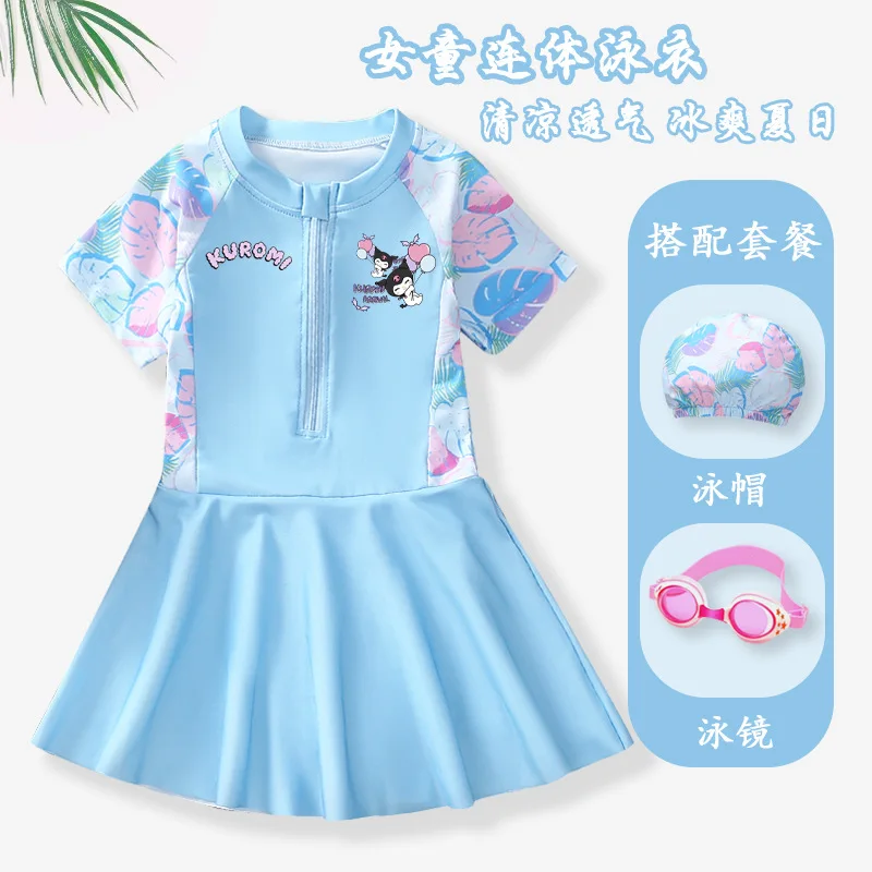 Kawaii Kuromi costume da bagno per bambini cuffia da bagno ragazza costume da bagno Bikini estivo vestiti da spiaggia biancheria intima Quick Dry protezione solare regalo