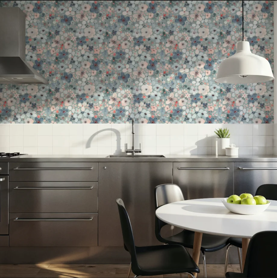 Custom sized mural hand-painted floral wallpaper with blue, pink, coral, and white watercolor and wildflower tiled wallpaper