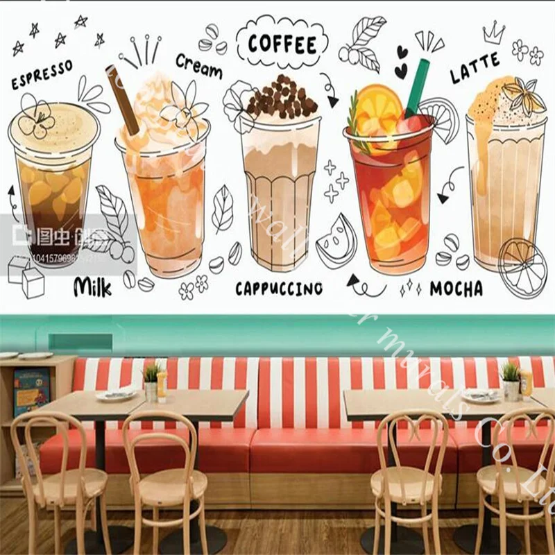 

American Coffee Cup Cute Graffiti Backdrop Wallpaper for Coffee Shop Cold Drinking Bar Industrial Decor Mural Wall Paper 3d