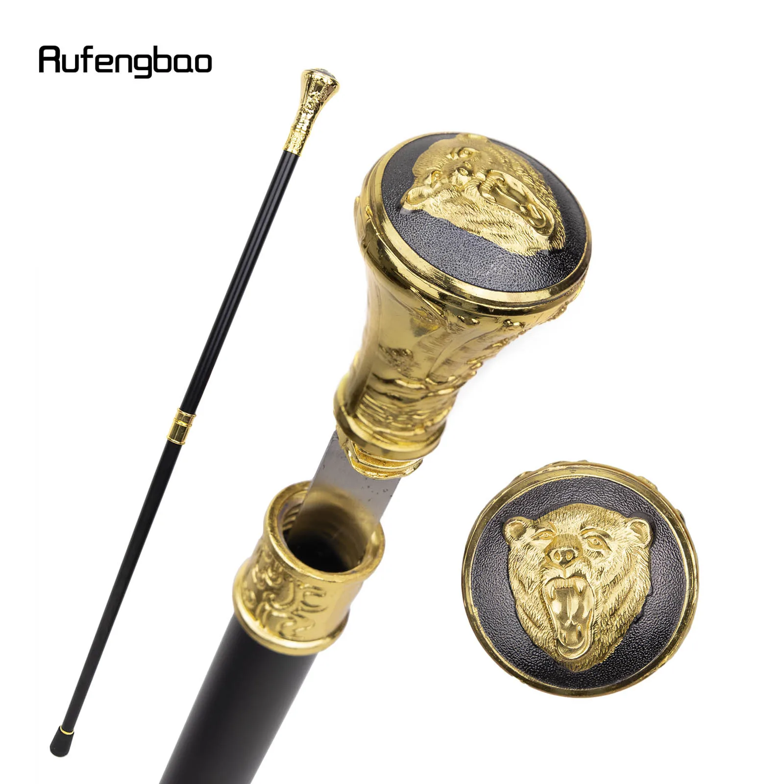 

Gold Luxury Roaring Bear Head Relief Walking Stick with Hidden Plate Self Defense Fashion Cane Plate Cosplay Crosier Stick 93cm