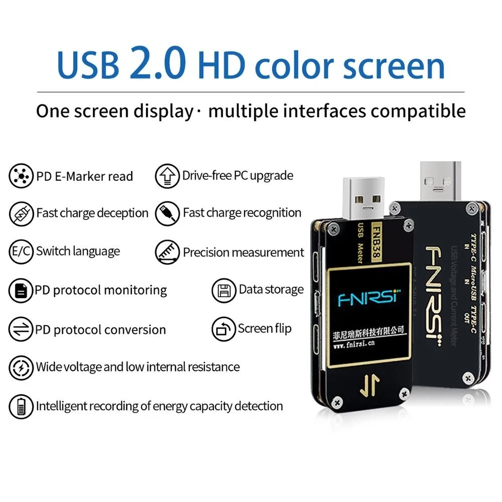 FNIRSI-medidor de corriente y voltaje FNB38, probador USB QC4 + PD3.0 2,0 PPS, protocolo de carga rápida, prueba de capacidad