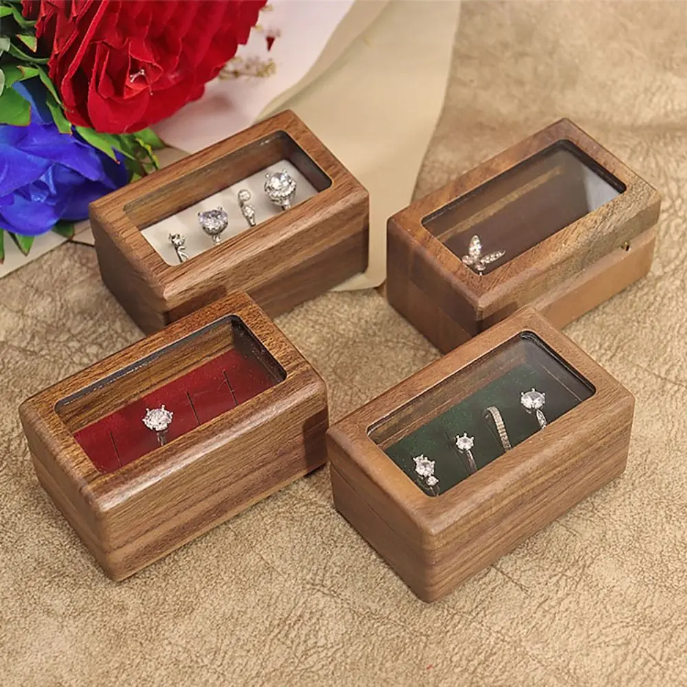 

4 Slots Square Rings Holder Opening Window Magnetic Cover Jewelry Ring Holder Rectangular Exquisite Black Walnut Cufflinks Box
