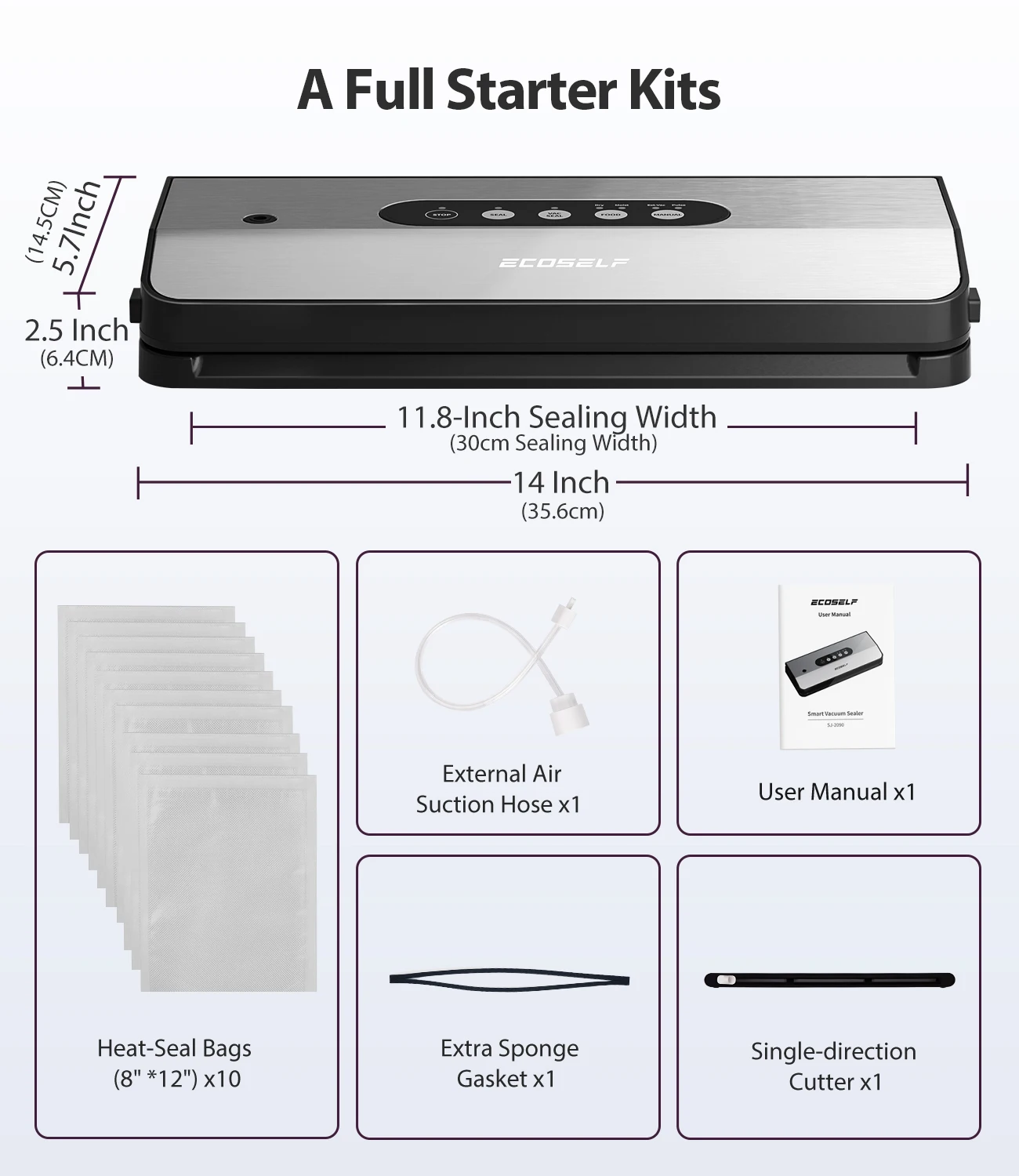 เครื่องซีลสูญญากาศสแตนเลส 8-in-1, แรงดูดทรงพลัง 60KPA สำหรับเก็บรักษาอาหาร, ซูวี, พร้อมที่ตัด, สายยาง และถุง 10 ใบ