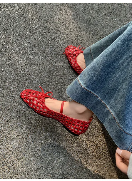 صنادل كاجوال نسائية منسوجة يدويًا من ماري جين بتصميم مجوف عتيق مع عقدة على شكل فيونكة سهلة الارتداء