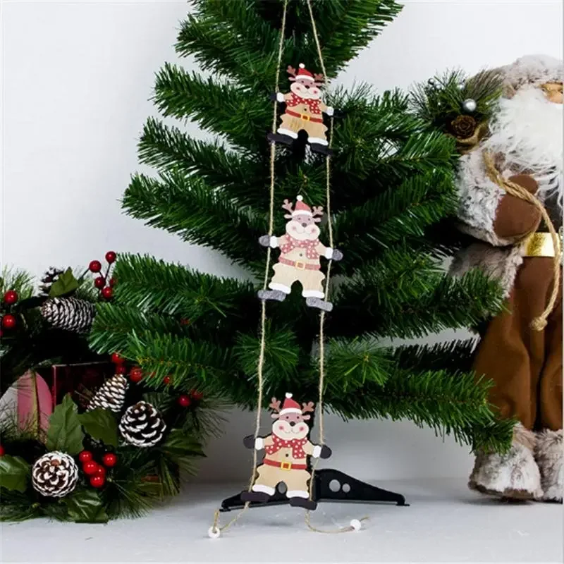 Christmas Pendant Ladder Tree Decoration Drop Ornaments Wooden Santa Claus Snowman Elk