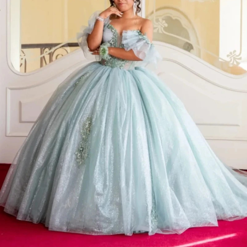 

Aqua Blue Shiny Quinceanera Dresses Off The Shoulder Applique Lace Beading Crystal Tull Party Birthday Sweet 16 Dress Vestidos