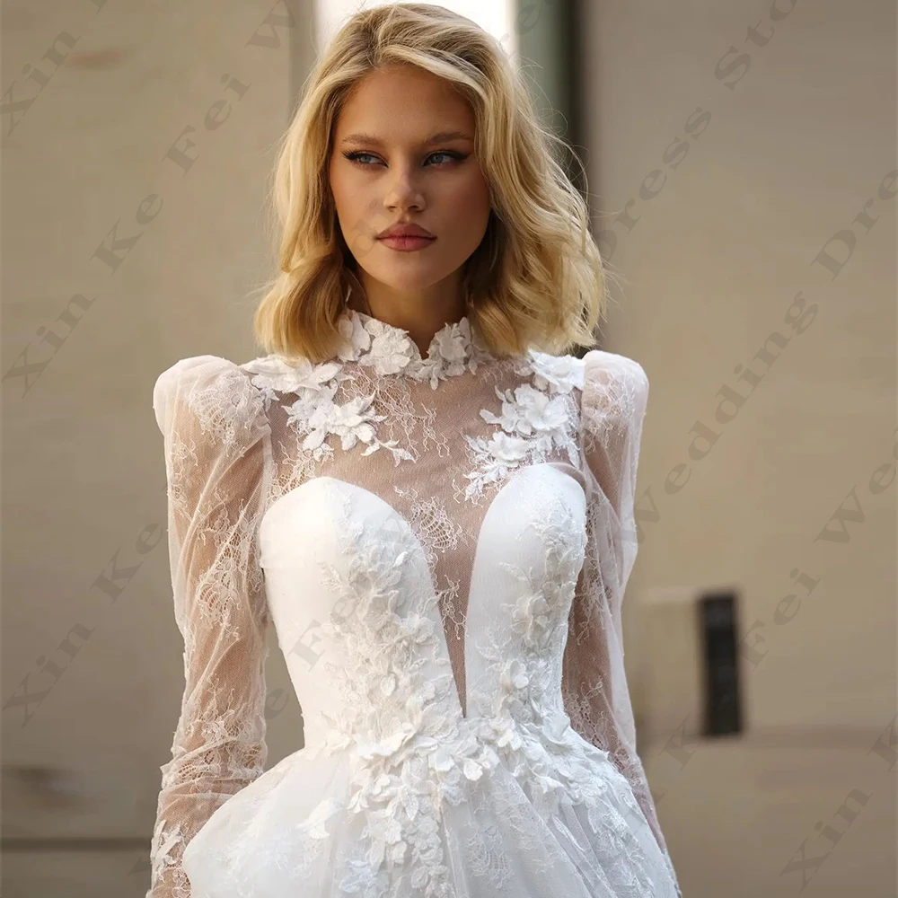 Sexy Backless Wedding Dresses For Women Elegant A Line High Neck Long Sleeves Lace Applique Fluffy Princess Style Bridal Gowns