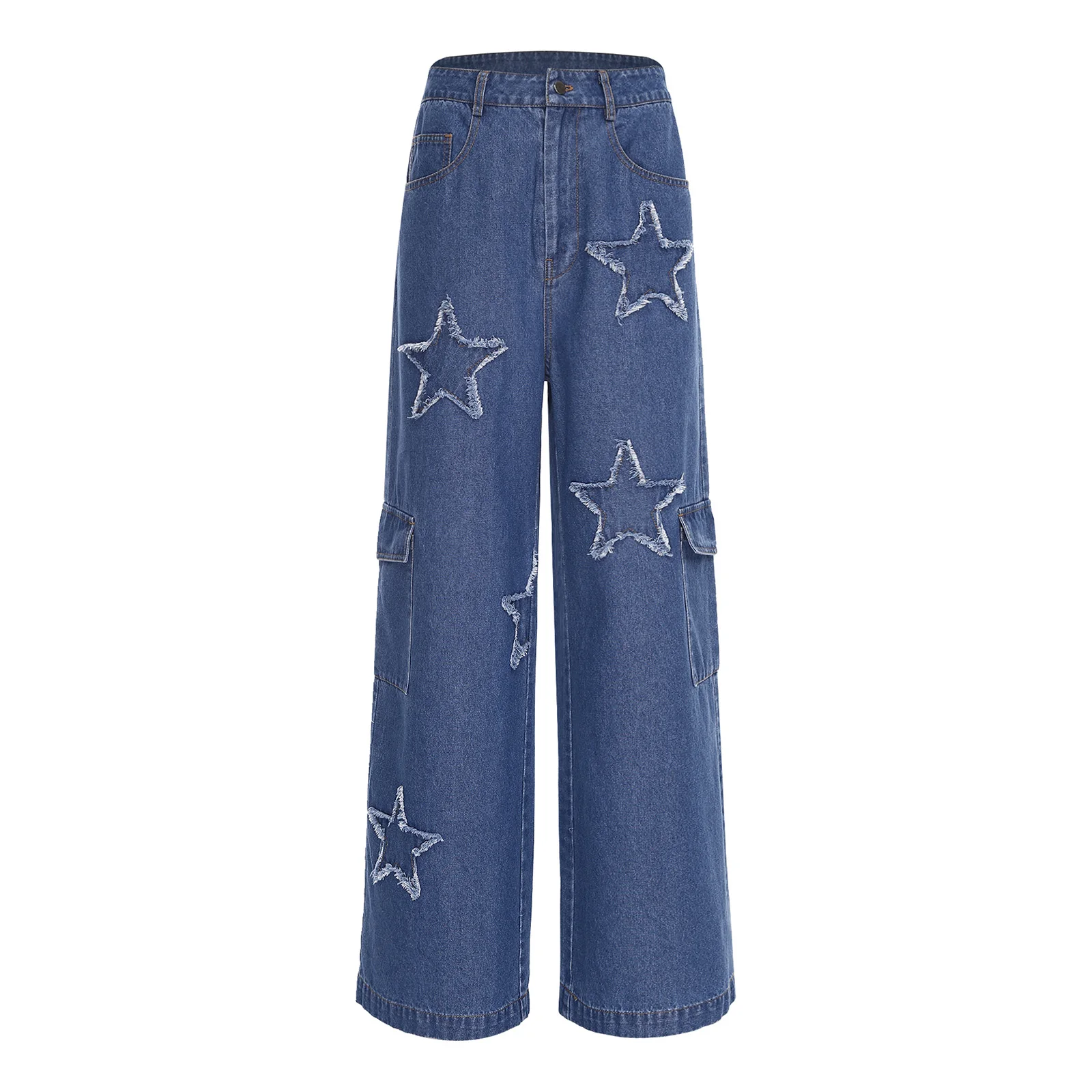 

Womens Y2K Baggy Cargo Jeans Star Patchwork with Raw Edge Flap Pockets Wide Leg Denim Long Pants for Daily Casual Weekend