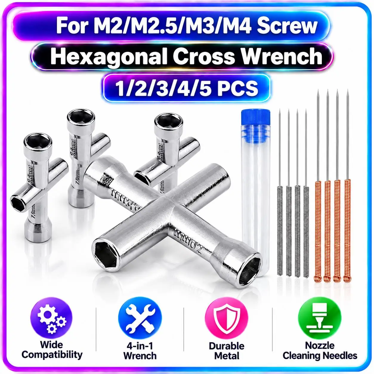 4 in 1 3D Printer Nozzle Tool M2 M2.5 M3 M4 Screw Nut Hexagonal Cross Socket Wrench For E3D V5 V6 Bambu X1 P1 A1 Mini Spanner