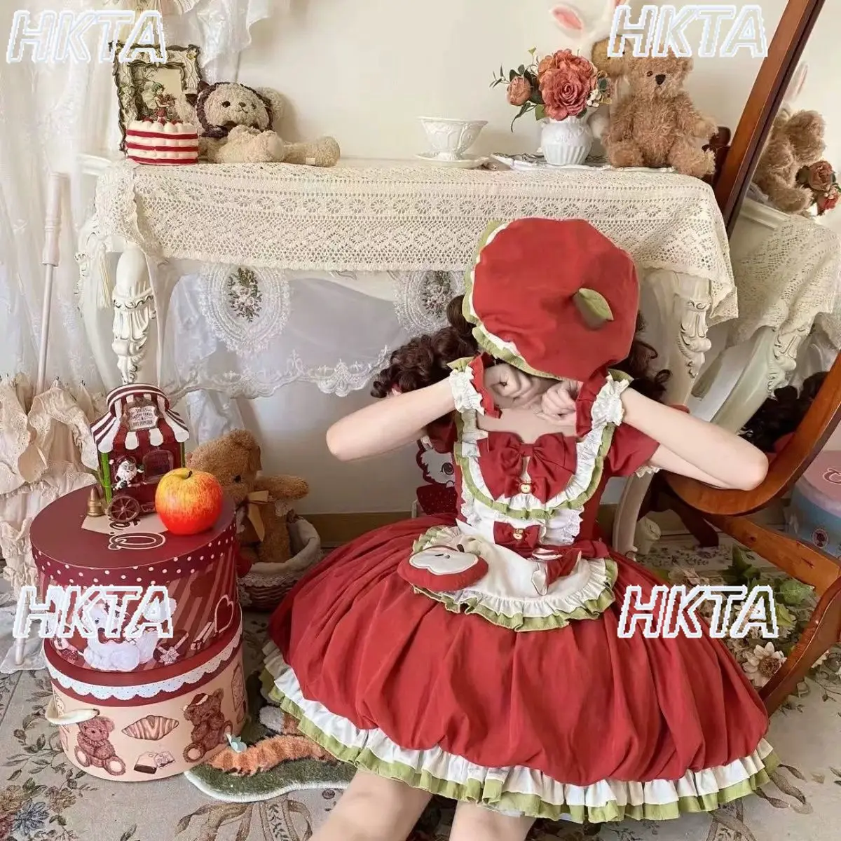 

Japanese Summer Cute Bubble Short Sleeve Bud Lolita Dress Sweet Kawaii Bow Pleated Waist Contrasting Color Cosplay Dresses Women
