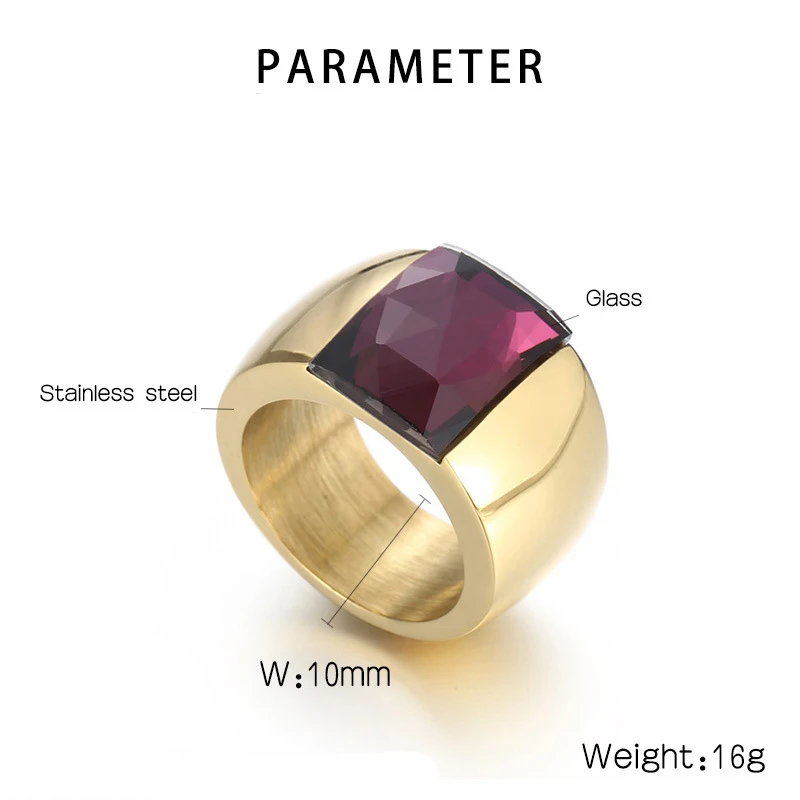 Mens Bohemian Big Rectangle Glass Stone Wedding Rings Gold Silver Color Medical 316 Stainless Steel Engagement Jewelry for Women