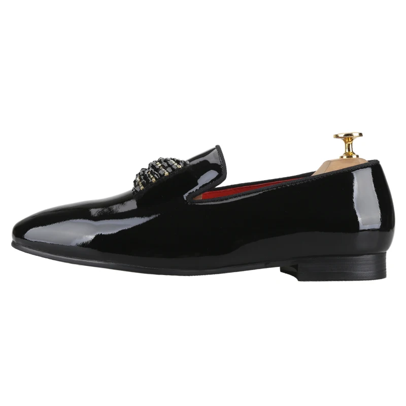 Piergitar Black And White Patent Leather Handmade Slip-On Loafers With Rhinestones Bowtie Fashion Party/Prom Men's Dress Shoes
